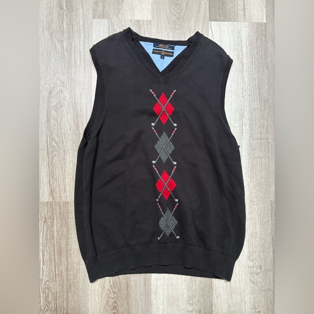 Tommy Hilfiger Men's V-Neck Sweater Vest - Black with Red and Gray Argyle